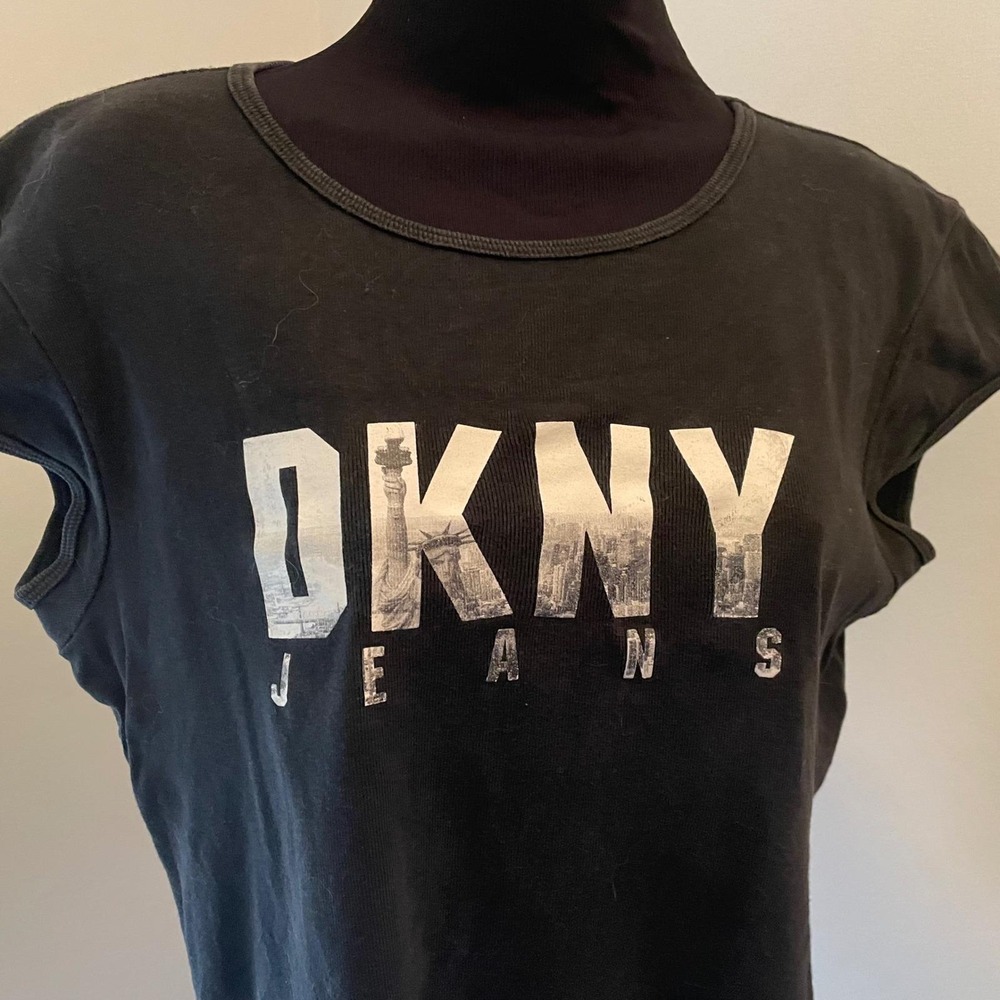 DKNY Jeans‎ Womens XL Black Graphic T-Shirt Statue of Liberty NYC Skyline Cotton